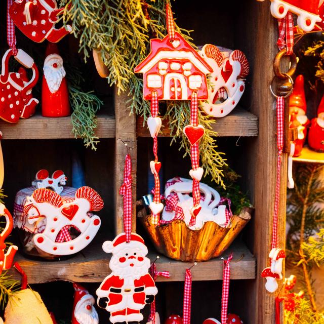 Christmas market kiosk details with santa claus figurine, retro toned